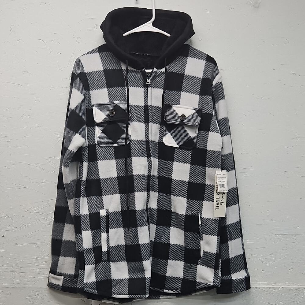 NWT Mens River Trail Black/White Plaid Fleece Lined Hoodie Jacket Medium MSRP$59